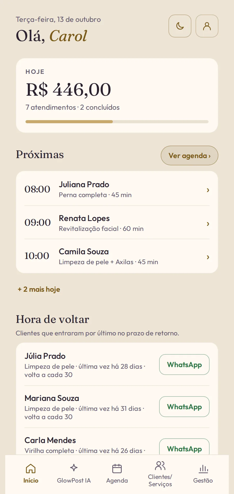 Tela de Início do GlowPro com os atendimentos do dia