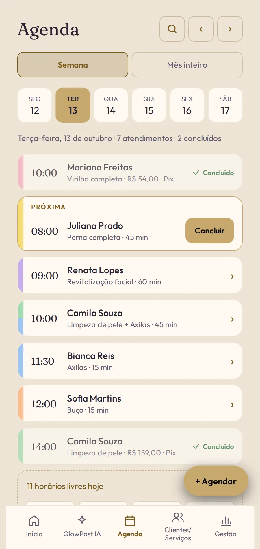 Agenda do GlowPro com cores por serviço