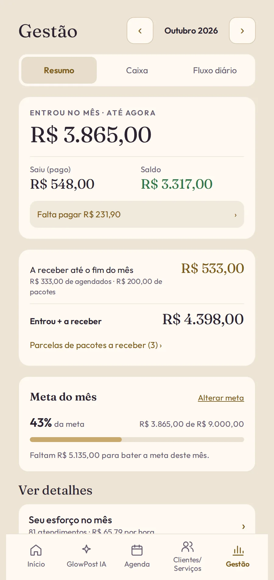 Tela de Gestão do GlowPro com o que entrou, saiu e o saldo do mês